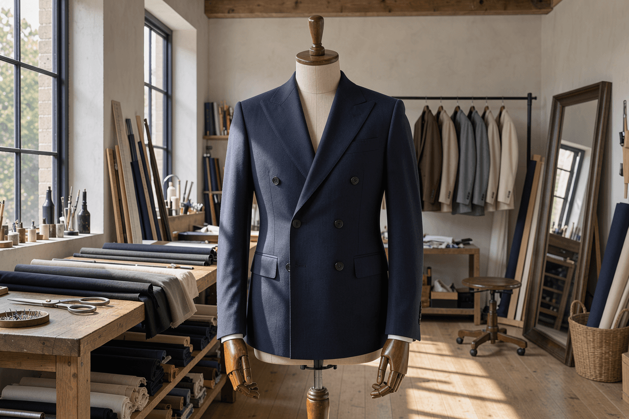 A navy double-breasted suit jacket on a wooden mannequin in a calm, high-ceilinged atelier