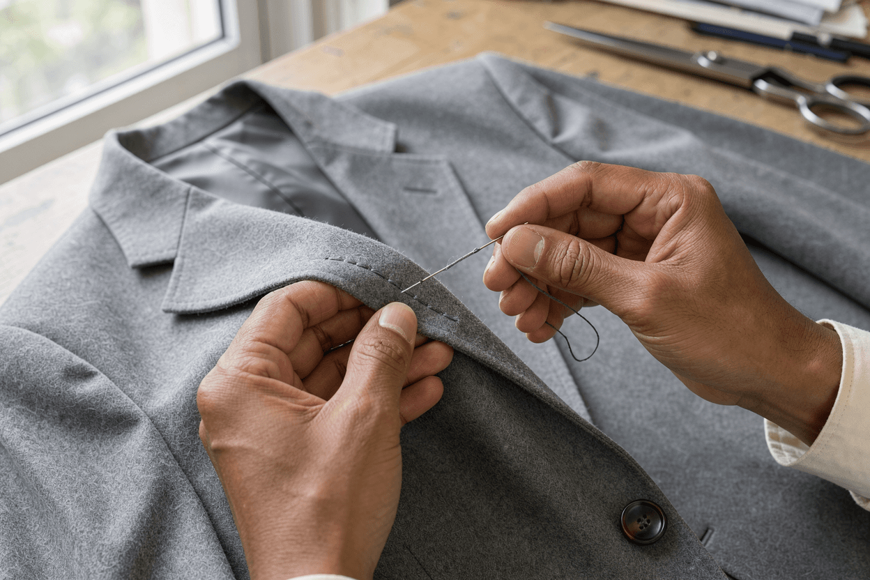 Close up of hand stitching on the lapel of a grey flannel jacket